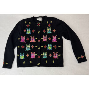 Vintage JACK B QUICK Owl Cardigan black Button Up beaded Sweater Sz S